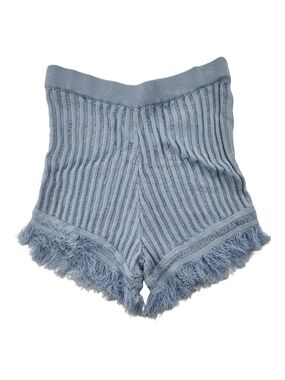Hera Collection Knit Shorts Sky Blue High Waist Fringe Ribbed Womens M Boho